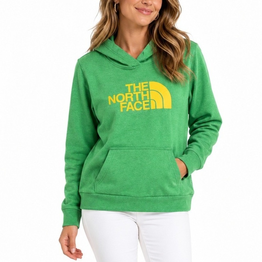 The North Face Womens Green Heathered Yellow Logo Pullover Hoodie Size M